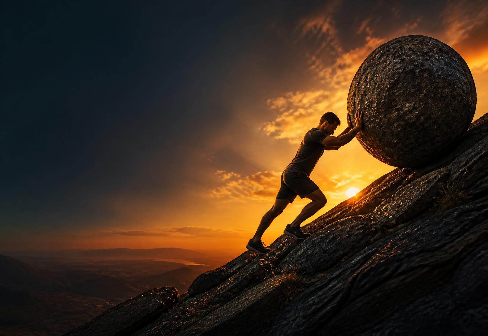 A person pushing a large boulder up a rocky slope at sunrise